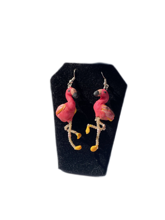 🦩 Flamingo Dangle Earrings – Polymer Clay & Beaded Legs